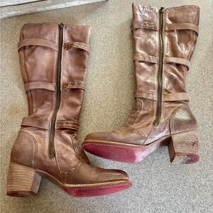 Bed Stu Decree Boots Tan MD Knee High Leather Stacked Heel | Size 9 | EUC w box